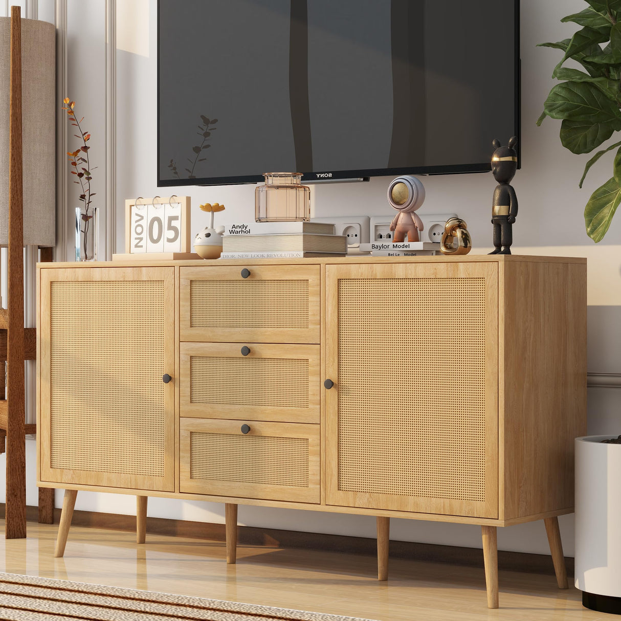 Oubayajia Rattan Sideboard Buffet Cabinet, 57.87" Rattan Accent Cabinet Storage Cabinet Console Table with 3 Drawers & 2 Doors and Adjustable Shelves for Kitchen, Dining Room, Living Room (Oak) Oubayajia