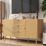 Oubayajia Rattan Sideboard Buffet Cabinet, 57.87" Rattan Accent Cabinet Storage Cabinet Console Table with 3 Drawers & 2 Doors and Adjustable Shelves for Kitchen, Dining Room, Living Room (Oak) Oubayajia
