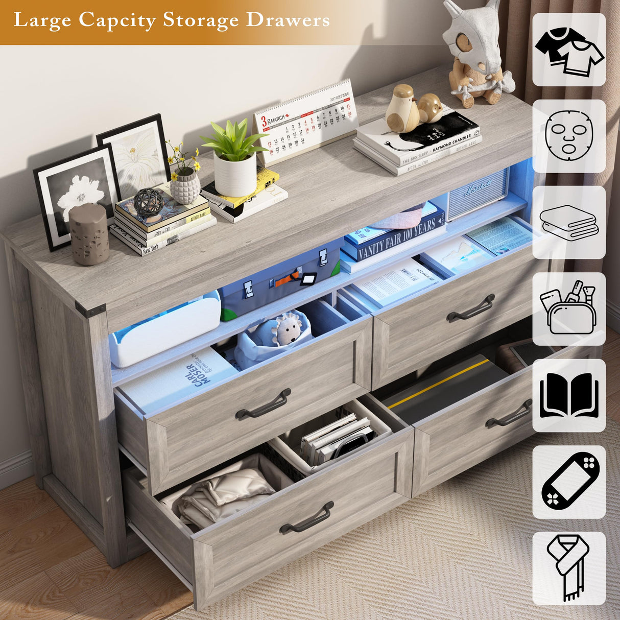 Wodeer 4 Drawer Dresser Chests with LED Light,Wide Chest of Drawers with Metal Handles,Wood Dresser for Storage and Organization for Bedroom,Living Room, Nursery,Hallway,Gray Wodeer