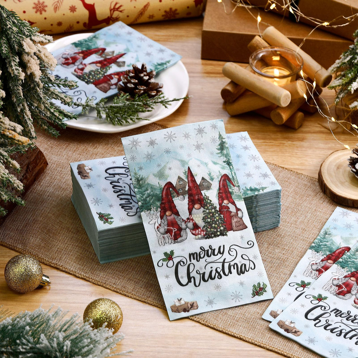 Saypacck 100 Pcs Christmas Winter Disposable Paper Guest Towels for Bathroom 2 Ply Decorative Gnome Napkins Christmas Hand Towels Xmas Napkins for Decoupage Winter Party Kitchen Dinner Table Decor Saypacck