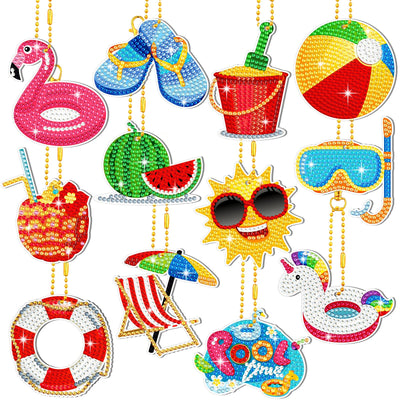 12 Pieces Summer Diamond Painting Keychain 5D DIY Diamond Painting Kit Summer Hanging Diamond Art Kits Diamond Art Summer Ornaments for Kids Summer Crafts Family Decor (Summer Style)