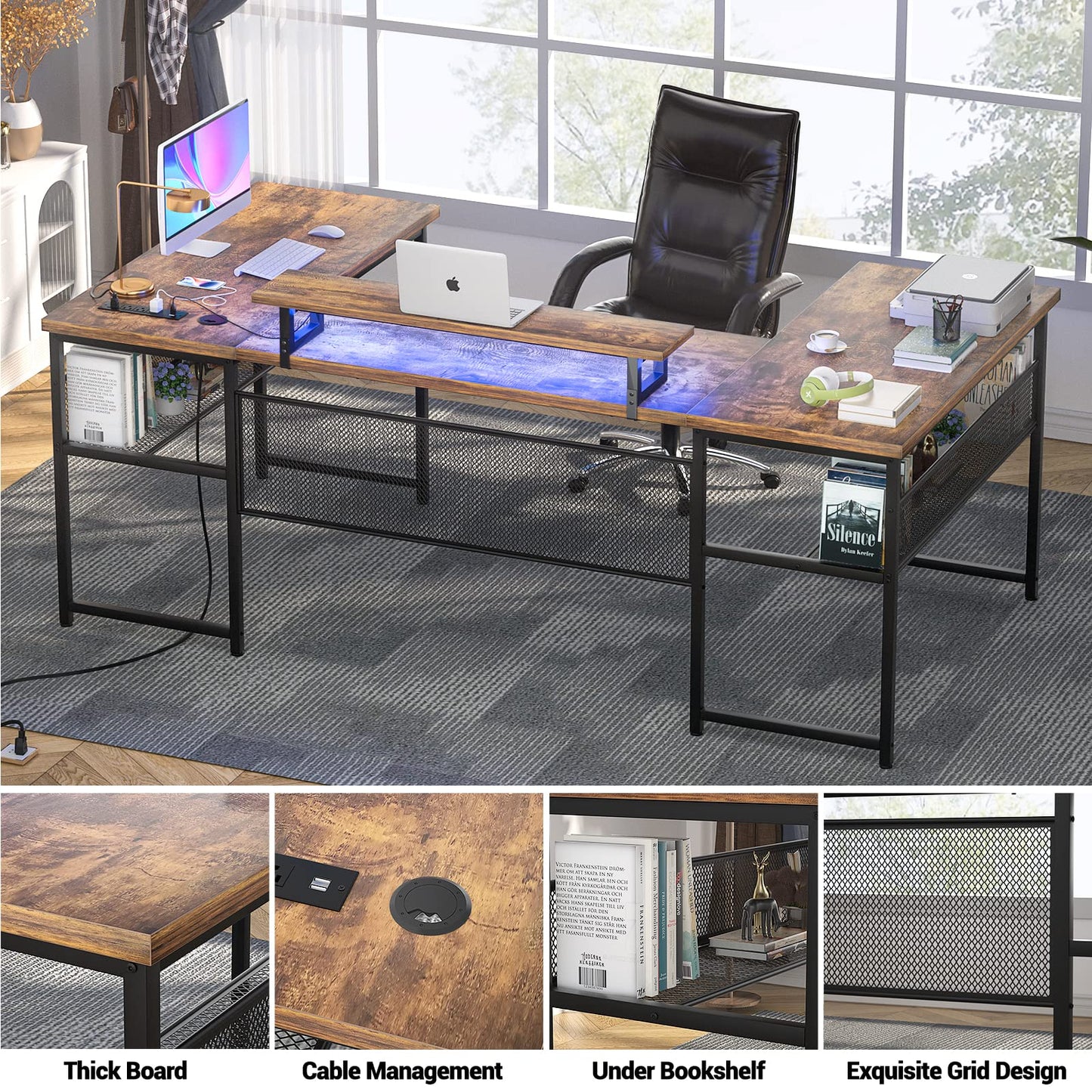 Revamp Your Workspace with the Unikito Reversible U Shaped Office Desk Featuring Power Outlets and LED Strip Lighting - WoodArtSupply