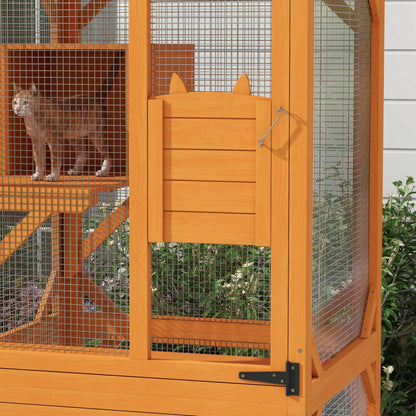 PawHut Wooden Catio with Waterproof Roof, Large Cat House with High-Up Resting Box, Indoor & Outdoor Cat Enclosure with Wheels, for 1-3 Cats, Orange - WoodArtSupply