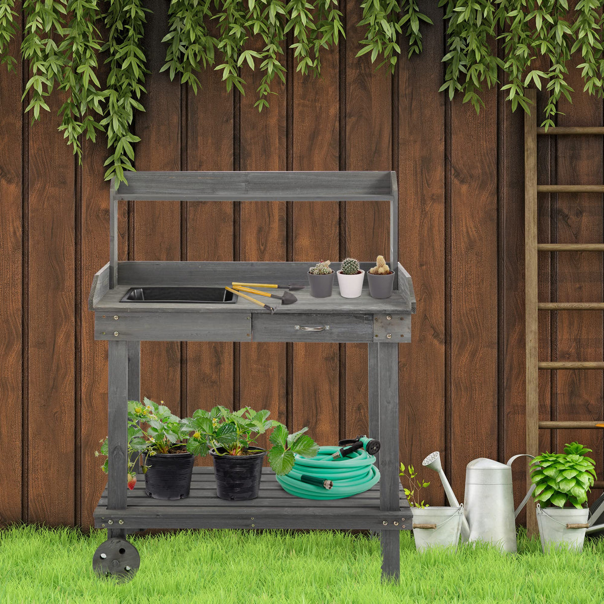 Outsunny 36'' Wooden Potting Bench Work Table with 2 Removable Wheels, Sink, Drawer & Large Storage Spaces, Gray Outsunny