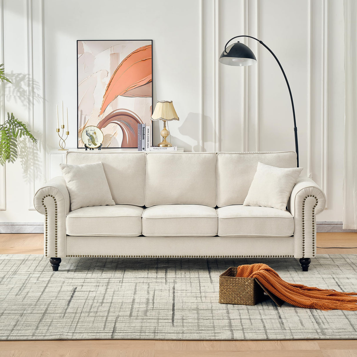 2-Piece Classic Chenille Living Room Sofa Set, Chesterfield Sofa Set of 2 for Living Room - Traditional Rolled Arm Couch & Loveseat with Nailhead Trim, Solid Wood Frame, Earthy Tone Upholstery, Beige Asucoora