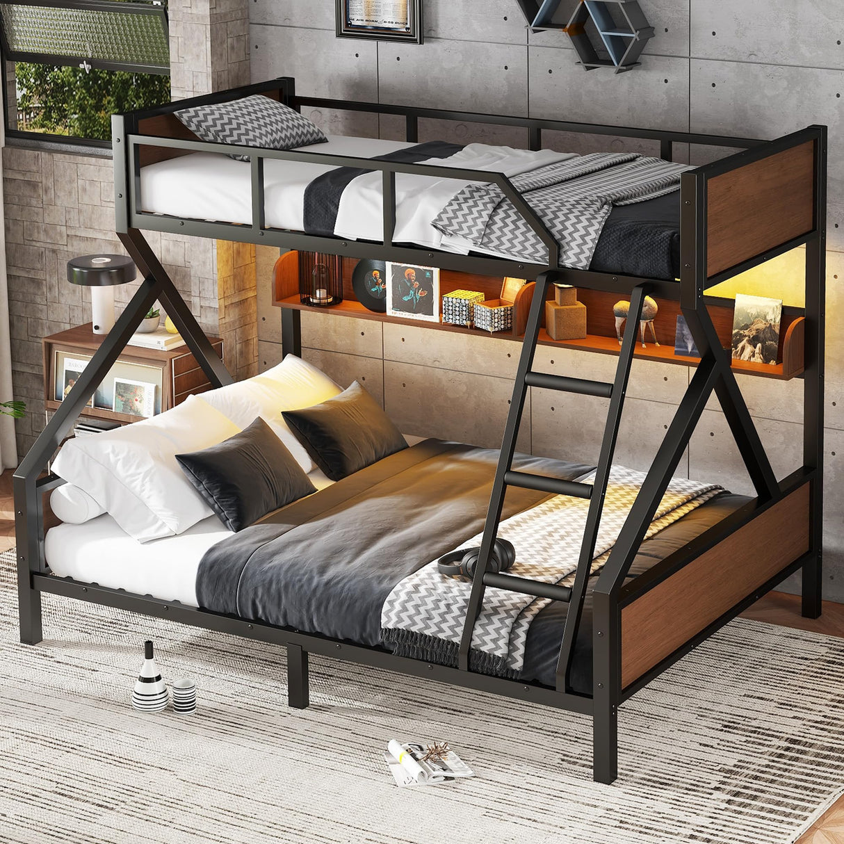 Twin XL Over Queen Bunk Bed with Storage Shelf and RGB LED Lights, Adults Bunk Bed with Angle Padded Ladder, Heavy Duty Bunk Beds with Noise-Reducing Rubber Stoppers, Black Bellemave