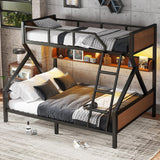 Twin XL Over Queen Bunk Bed with Storage Shelf and RGB LED Lights, Adults Bunk Bed with Angle Padded Ladder, Heavy Duty Bunk Beds with Noise-Reducing Rubber Stoppers, Black Bellemave