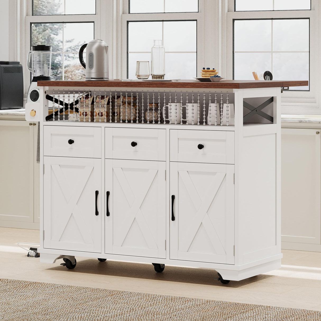 Bellemave 46.5" Farmhouse Kitchen Island cart with Charging Station and with Drape of Beads, Rolling Kitchen Island Table with Drop-Leaf, 3 Drawers, White Bellemave