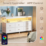 Huuger LED TV Stand for Bedroom, 47 Inch Dresser with Power Outlets, Entertainment Center for 55, 50, 43 Inch TV, 6 Drawer Dresser for Bedroom, Chest of Drawers with Open Shlef, PU Leather, White Huuger