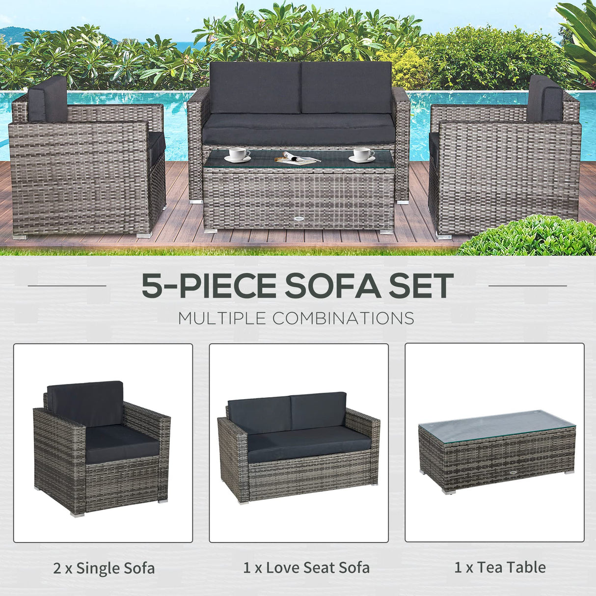 Outsunny 4 Piece Wicker Patio Furniture Set with Cushions, Outdoor Sectional Furniture with 2 Sofa, Loveseat, and Glass Top Coffee Table, Conversation Sofa Sets for Garden, Black Outsunny