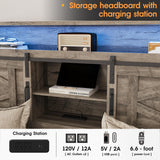 Fameill Farmhouse Queen Size Bed Frame with 4 Drawers and Bookcase Headboard, Sliding Barn Door Storage Shelves, LED Lights and Charging Station, No Box Spring Needed, Grey Fameill