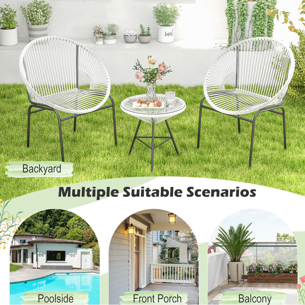 Tangkula 3 Piece Outdoor Patio Furniture Set, Acapulco Chair Set w/Plastic Rope, Tempered Glass Table, All Weather Patio Bistro Set for Patio, Lawn, Garden, Backyard Tangkula