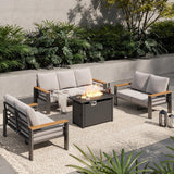 Aoxun Aluminum Outdoor Patio Furniture Set, 7 Seats Outdoor Sectional with Fire Pit Table, Patio Conversation Sets with Upgraded Armrests and Cushions for Backyard, Garden and Poolside（Grey） Aoxun
