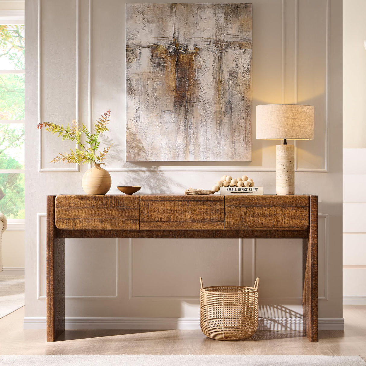 OKD 63'' Console Table with 3 Drawers, Farmhouse Entryway Table with Rounded Corners, Console Table Behind Couch for Living Room/Hallway-Reclaimed Barnwood OKD