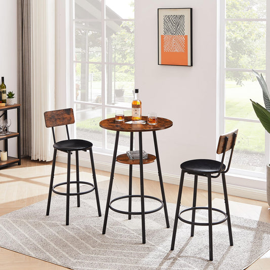 Industrial Rustic Brown 3-Piece Bistro Table and Stool Set with Backrest for Small Spaces