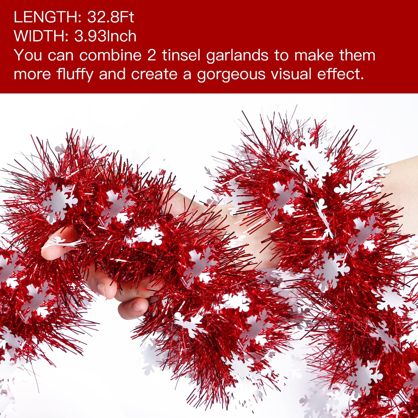 Sggvecsy 32.8Ft Christmas Snowflake Tinsel Garland Xmas Tree Decorations Red Christmas Metallic Twist Garland Ceiling Hanging Decorations for New Year Party Birthday Holiday Indoor Outdoor Supplies