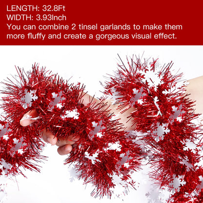 Sggvecsy 32.8Ft Christmas Snowflake Tinsel Garland Xmas Tree Decorations Red Christmas Metallic Twist Garland Ceiling Hanging Decorations for New Year Party Birthday Holiday Indoor Outdoor Supplies