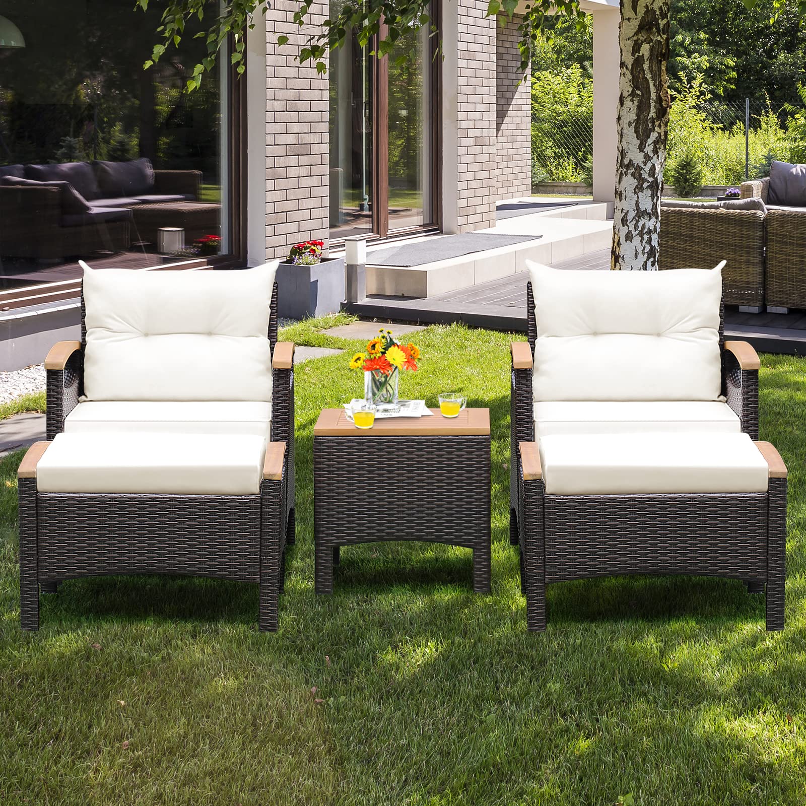 Tangkula 5 Piece Patio Furniture Set, Patiojoy Outdoor Conversation Set w/Seat & Back Cushions, Coffee Table & 2 Ottomans, Acacia Wood Tabletop & Armrests, Wicker Sofa Set for Backyard, Pools - WoodArtSupply