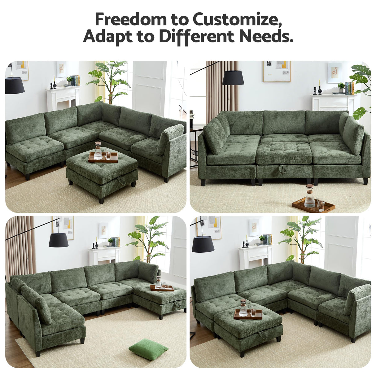 Luxe Oversized Modular Sectional Sofa, Modern Chenille Convertible Sleeper Sofa with Storage Ottoman, Comfy Deep Seat U-Shaped Cloud Couch for Living Room（Green，5-Seater + 1*Ottoman+ Tea Tray） smilesun