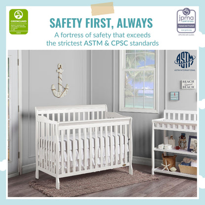 Dream On Me Ashton 4-In-1 Convertible Crib In White, Greenguard Gold, JPMA Certified, Non-Toxic Finishes, Features 4 Mattress Height Settings, Made Of Solid Pinewood