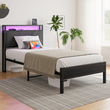 VECOCHO Twin Bed Frame with Charging Station and LED Lights,Upholstered Headboard with Storage Shelves,Heavy Duty Metal Slats, No Box Spring Needed,Noise Free, Easy Assembly,Black and Dark Grey VECOCHO
