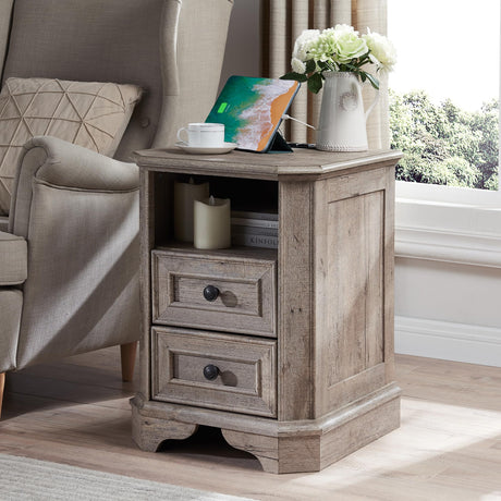 T4TREAM Farmhouse End Table with Charging Station, Vintage 18" Wood Square Nightstand, Side Table with 2 Drawers for Living Room, Bedroom, Office, Light Rustic Oak T4TREAM