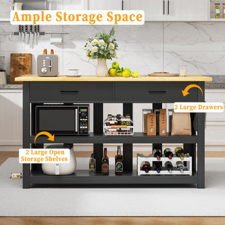 47.3" Solid Rubberwood Kitchen Island with Power Outlets - Extra Large Work Surface, 2 Drawers & Open Shelves Storage Cabinet for Kitchen Dining Room, Farmhouse Style (Black) DynJest