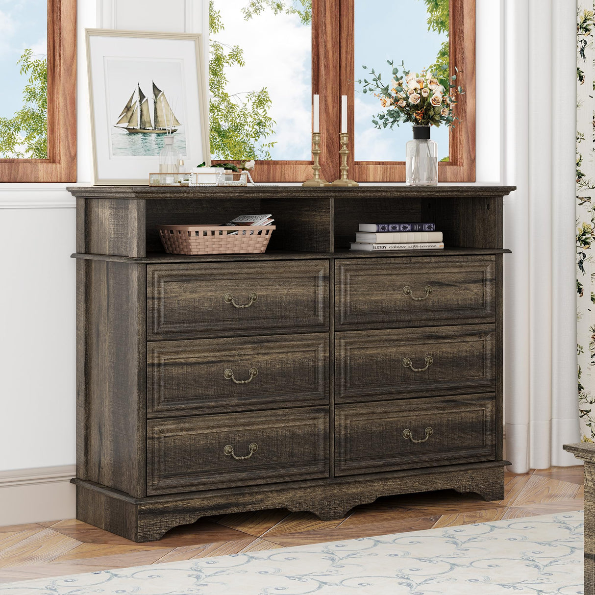 Yechen Farmhouse 6 Drawers Double Dresser, 47'' Wide Dresser Chest of Drawers with 2 Open Shelves, Dresser TV Stand, Rustic Wood Storage Dresser Organizer for Bedroom, Hallway, Entryway, Living Room Yechen