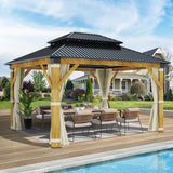 COVERONICS 11FT x 13FT Outdoor Cedar Wooden Gazebo - Patio Wood Frame Gazebo with Galvanized Steel Hardtop, Heavy-Duty Hardtop Gazebo with Netting & Curtains for Garden, Poolside, Deck, Backyard COVERONICS