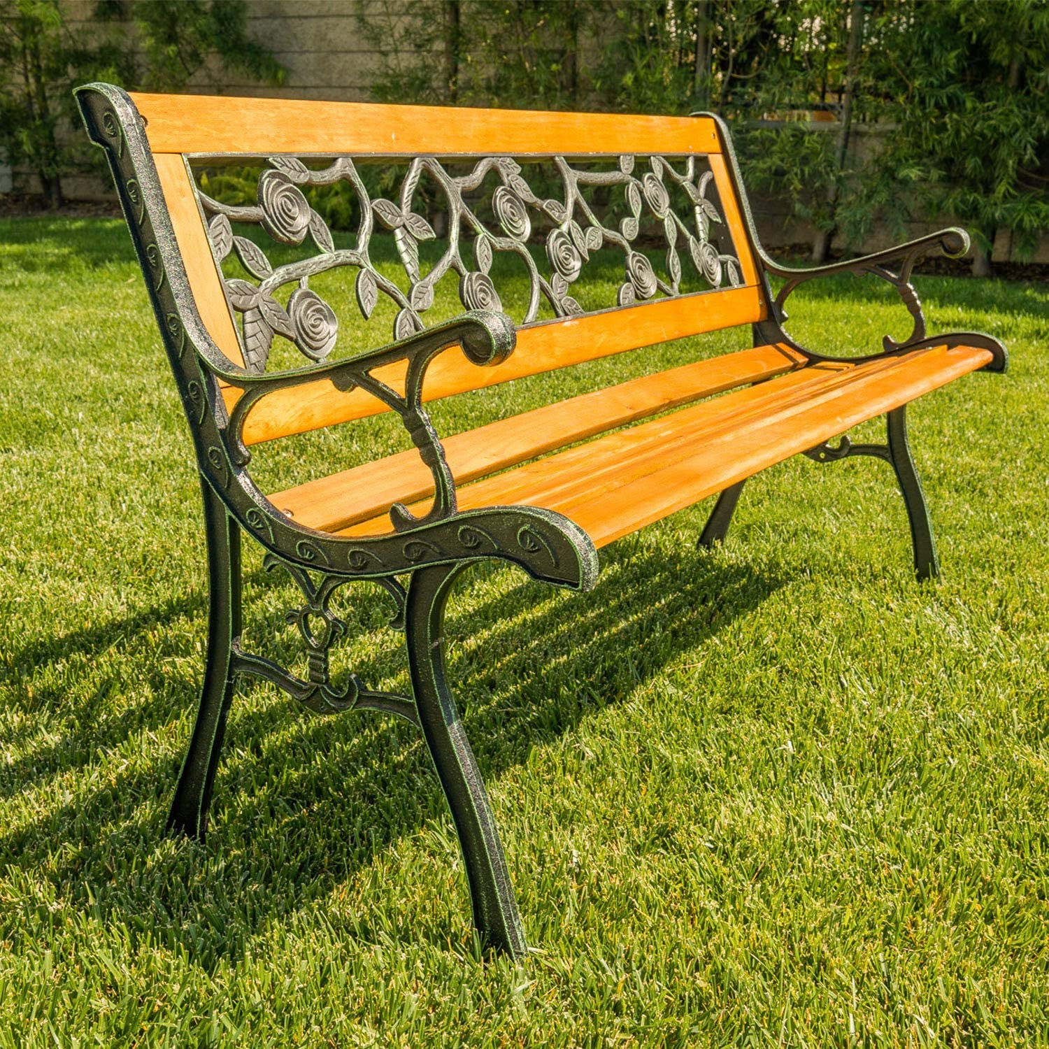 FDW Garden Bench Patio Bench Porch Bnech Chair Deck Hardwood Cast Iron Love Seat - WoodArtSupply