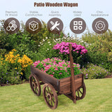 S AFSTAR Wooden Wagon, Wood Flower Planter Pot Stand with 4 Wheels & Drainage Holes, Amish Wagon Planter, Rolling Pot Stand Wood Wagon for Outdoor Plants Garden Decorative Garden Planter, Brown S AFSTAR
