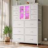 EnHomee Tall Dresser for Bedroom with 12 Drawer Dressers & Chests of Drawers for Closet with Power Outlets & LED Lights Sturdy White Dresser with PU Finish Wooden Top and Metal Frame Mesh Door EnHomee