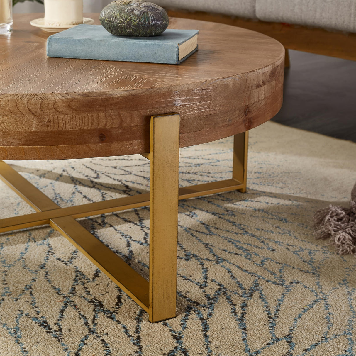 DS-HOMEPORT Round Wood Coffee Table for Living Room - Circle Coffee Table with Gold Metal Legs - Rustic Wooden Coffee Table Vintage Coffee Table (Espresso,32.28" D x 32.28" W x 17.72" H) DS-HOMEPORT