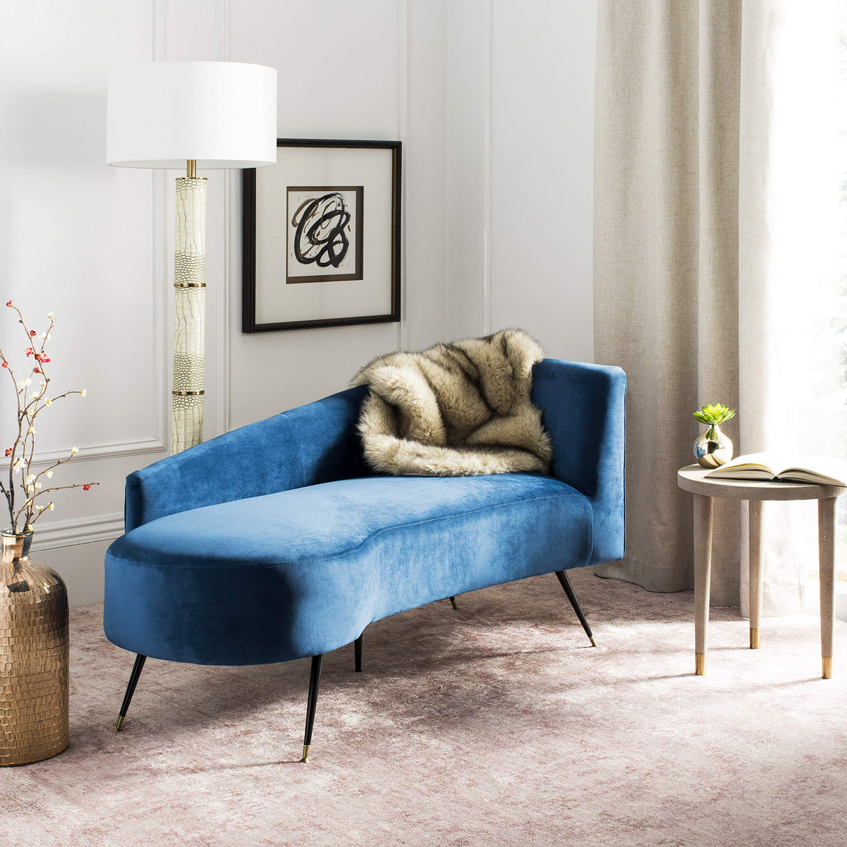 Safavieh Home Evangeline Navy Velvet Glam 57.5" Parisian Settee SAFAVIEH