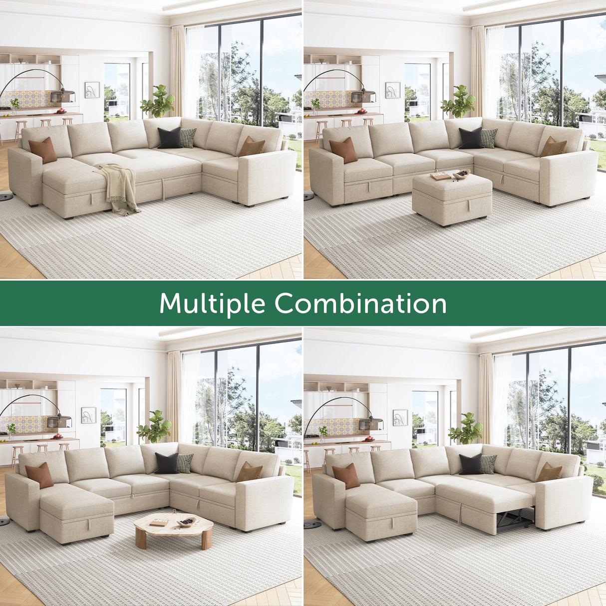 HONBAY Modular Sectional Sleeper Sofa with Pull Out Bed, U Shaped Sectional Couch with Storage Ottoman Convertible 7-Seater Sofa, Beige HONBAY