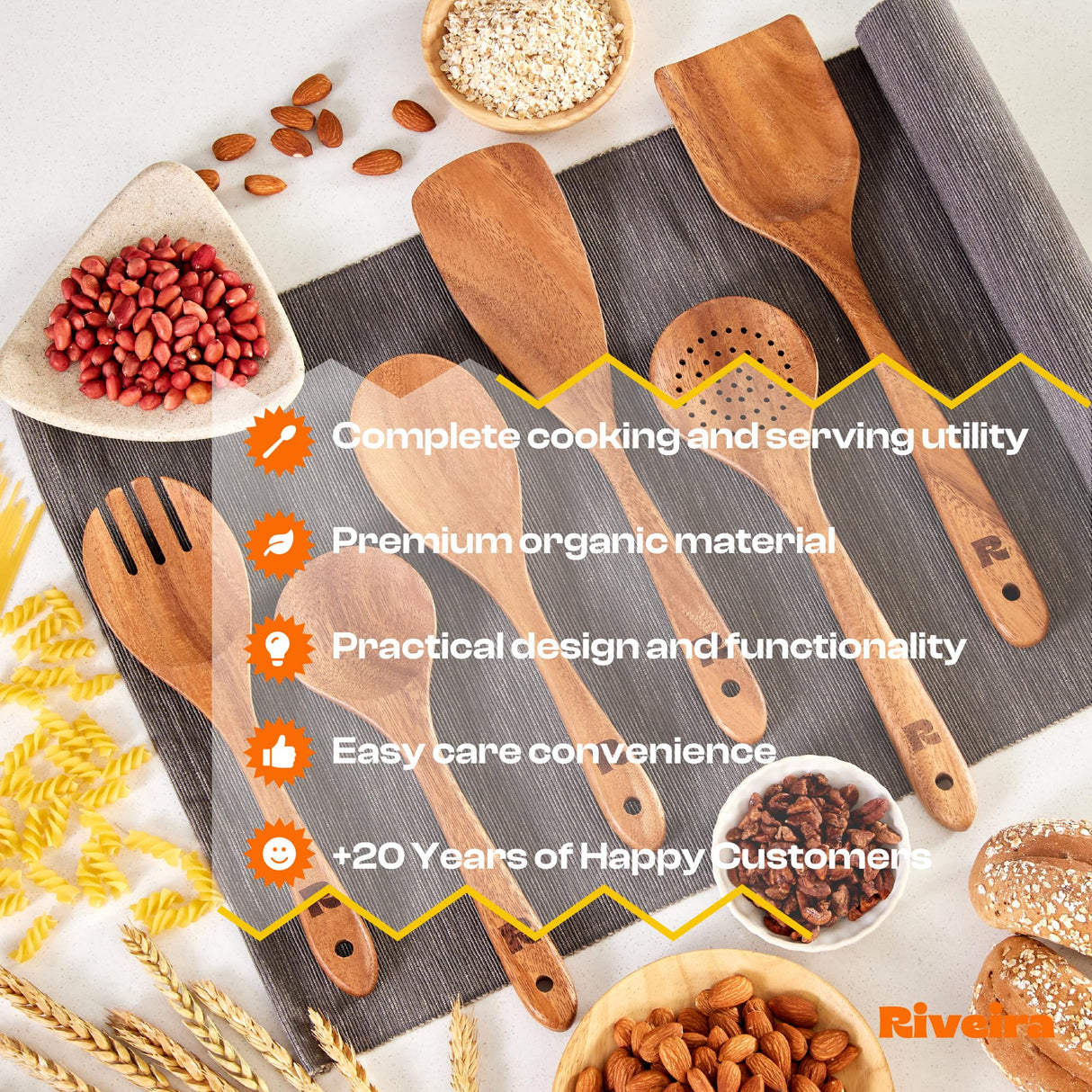 Riveira Walnut Wooden Spoons for Cooking Set of 6 – Natural Walnut Wooden Cooking Utensils, Wooden Spatula, Wooden Spoon - Premium Quality Wooden Utensil Set for Non-Toxic Cooking Riveira