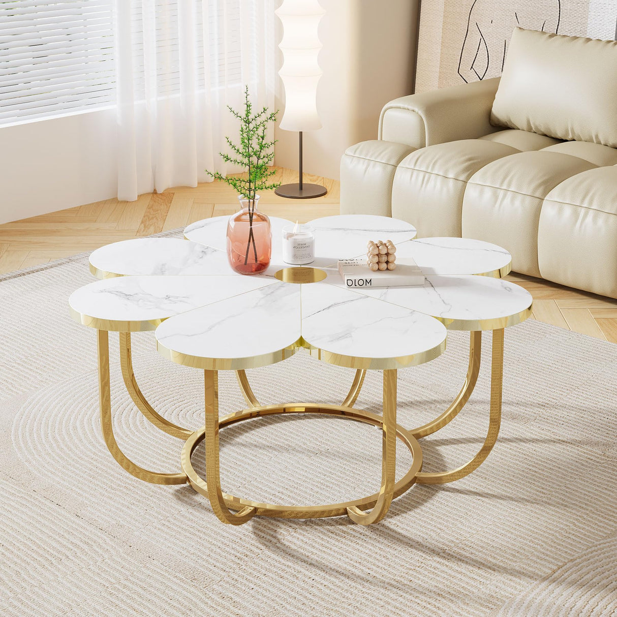Tribesigns White and Gold Coffee Table, Modern Flower-Shaped Coffee Table with Faux Marble Tabletop, 39.37-Inch Floral Accent Center Table with Metal Frame for Living Room, Bedroom, Lounge Tribesigns
