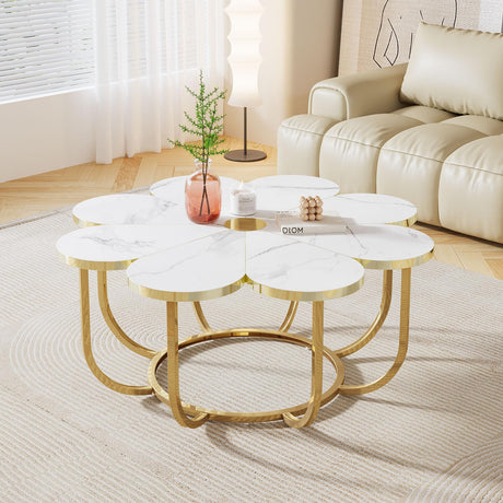 Tribesigns White and Gold Coffee Table, Modern Flower-Shaped Coffee Table with Faux Marble Tabletop, 39.37-Inch Floral Accent Center Table with Metal Frame for Living Room, Bedroom, Lounge Tribesigns