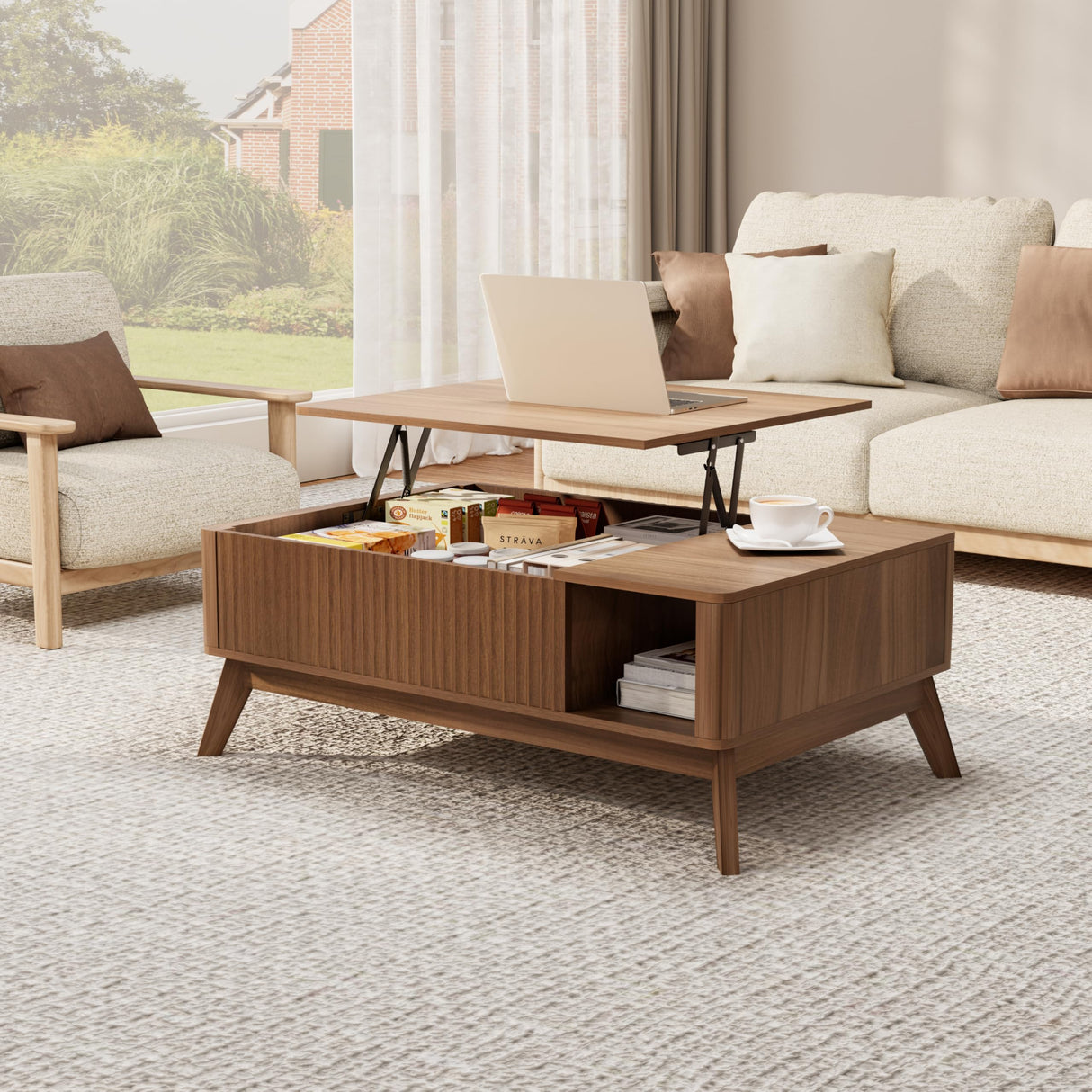 Lift Top Coffee Table with Storage Hidden Compartment, 40" Mid - Century Modern Wooden Living Room Center Table, Adjustable Height Desk for Laptop, Multifunctional Sofa Side Table，Walnut Royal Windsor