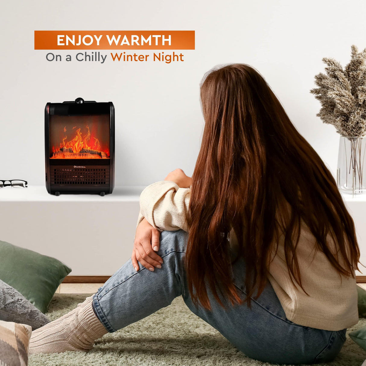 Comfort Zone Electric Mini Fireplace Space Heater with Realistic 3D Flame, Stay-Cool Body, Carry Handle, Overheat Sensor, and Safety Tip-Over Switch, Ideal for Home, Bedroom, & Office, 1,200W, CZFP1BK Comfort Zone