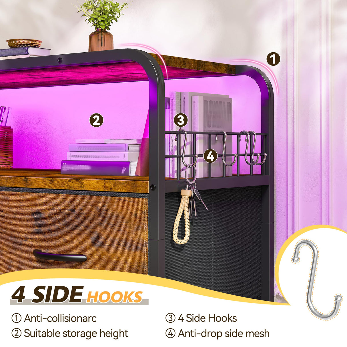 EnHomee Dresser for Bedroom with LED Lights & Charging Station, 7 Drawer Dresser with Open Shelf, Fabric Bedroom Dressers & Chest of Drawers for Closet, Entryway, Hallway, 4 Hooks, Rustic Brown EnHomee