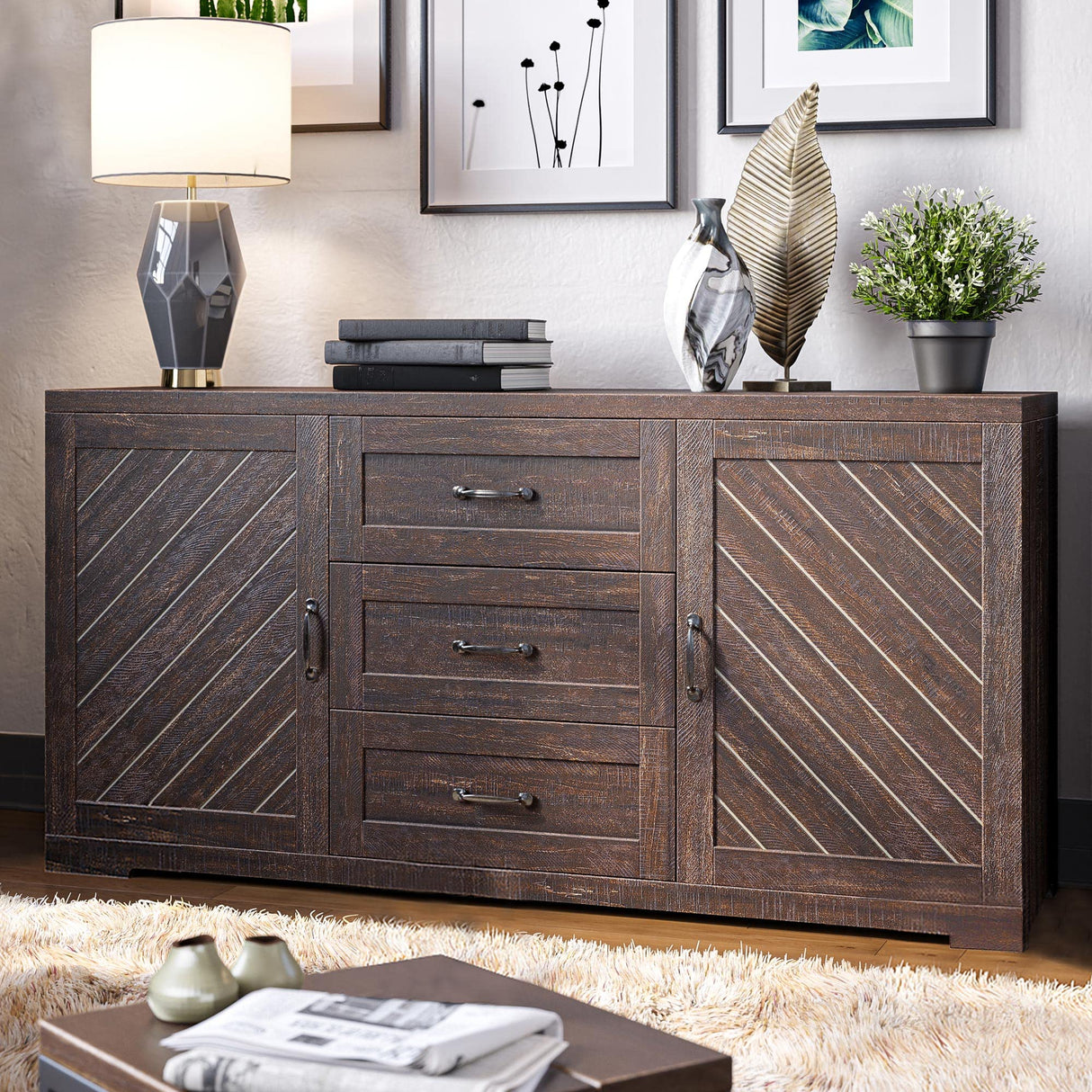 BELLEZE Sideboard, Console Table Or Buffet with Three Drawers & Four Shelves, Space Saving Media Storage Cabinet, Holds Up to 70lbs - 60 Inch - Hilo (Espresso) BELLEZE