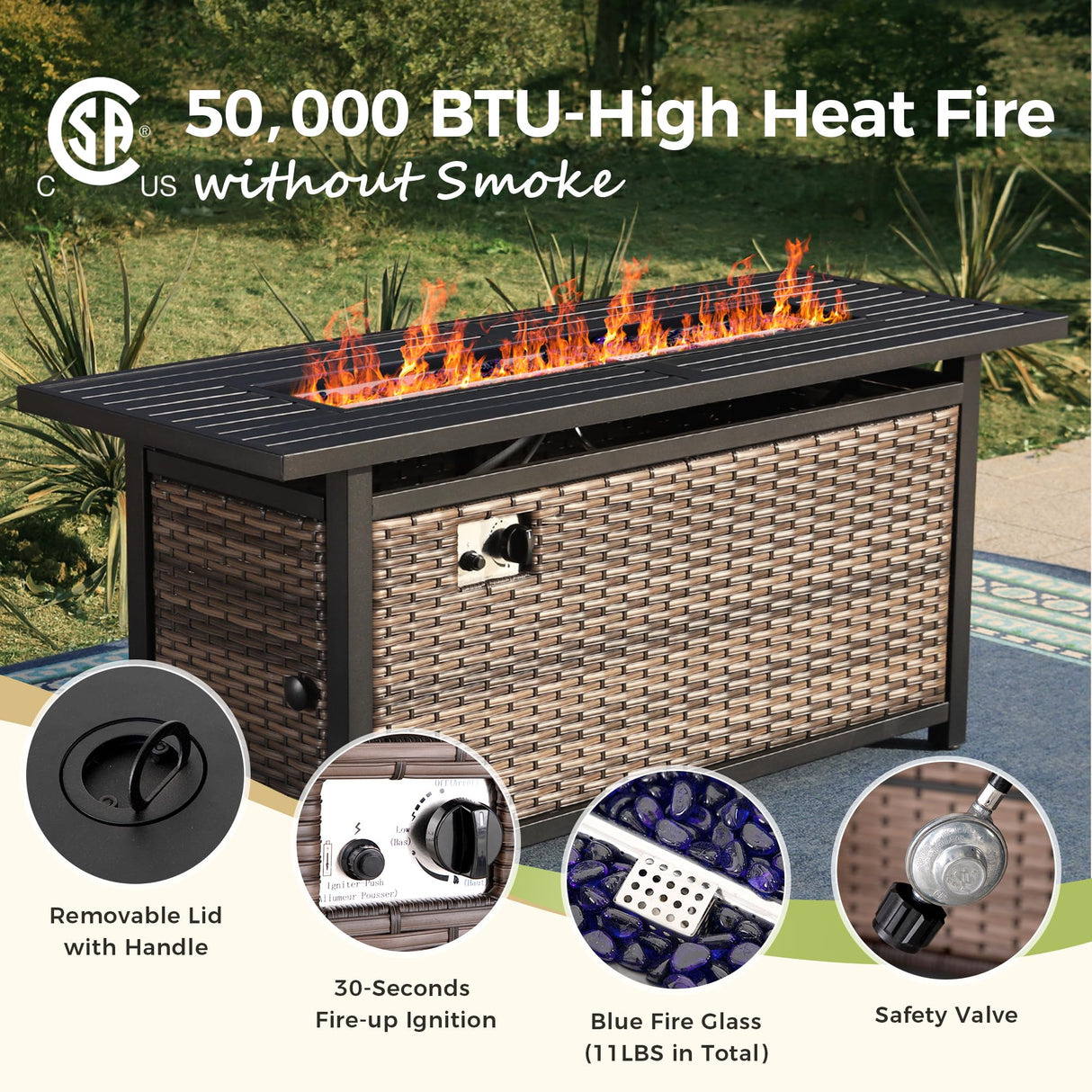 MIXPATIO Patio Furniture Set, 6 Pcs Wicker Outdoor Conversation Set, 2 x Single Chairs, 1 x 3 Seater Sofa and 2 x Ottoman with 4" Thick Cushion and 56" Fire Pit Table, Beige MIXPATIO