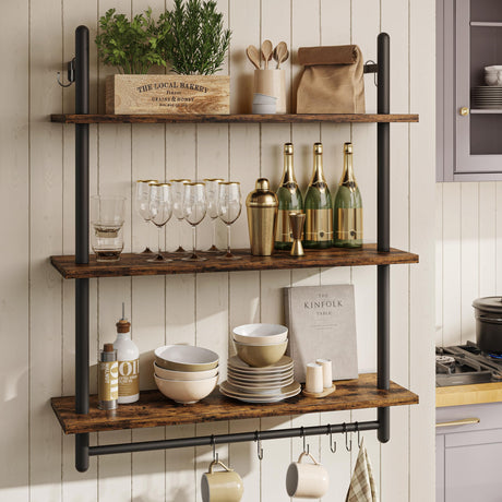 Bestier 3 Tier Industrial Pipe Shelving, Floating Book Shelves for Wall, Storage Hanging Shelves with Towel Bar for Bathroom Organizer Bedroom Kitchen Plants Office. 31.5 Inch Rustic Brown Bestier