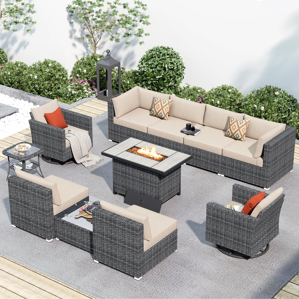 HOOOWOOO 11 Piece Patio Sectional Furniture Set with Fire Pit Table,Modern Wicker Outdoor Conversation Sofa Sets,Weather Resistant Modular L Shaped Outside Couch Swivel Chair Set(Beige) HOOOWOOO