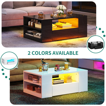 YITAHOME Modern Coffee Tables for Living Room, High Glossy LED Coffee Table, Storage Coffee Table, Small Coffee Table, Wood Center Table with 2 Sliding Drawers and Open Side Shelf, Black