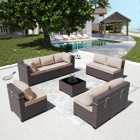 RTDTD Outdoor Patio Furniture Set, 9 Pieces Outdoor Furniture All Weather Patio Sectional Sofa PE Wicker Modular Conversation Sets with Coffee Table,8 Chairs & Seat Clips(Brown) RTDTD