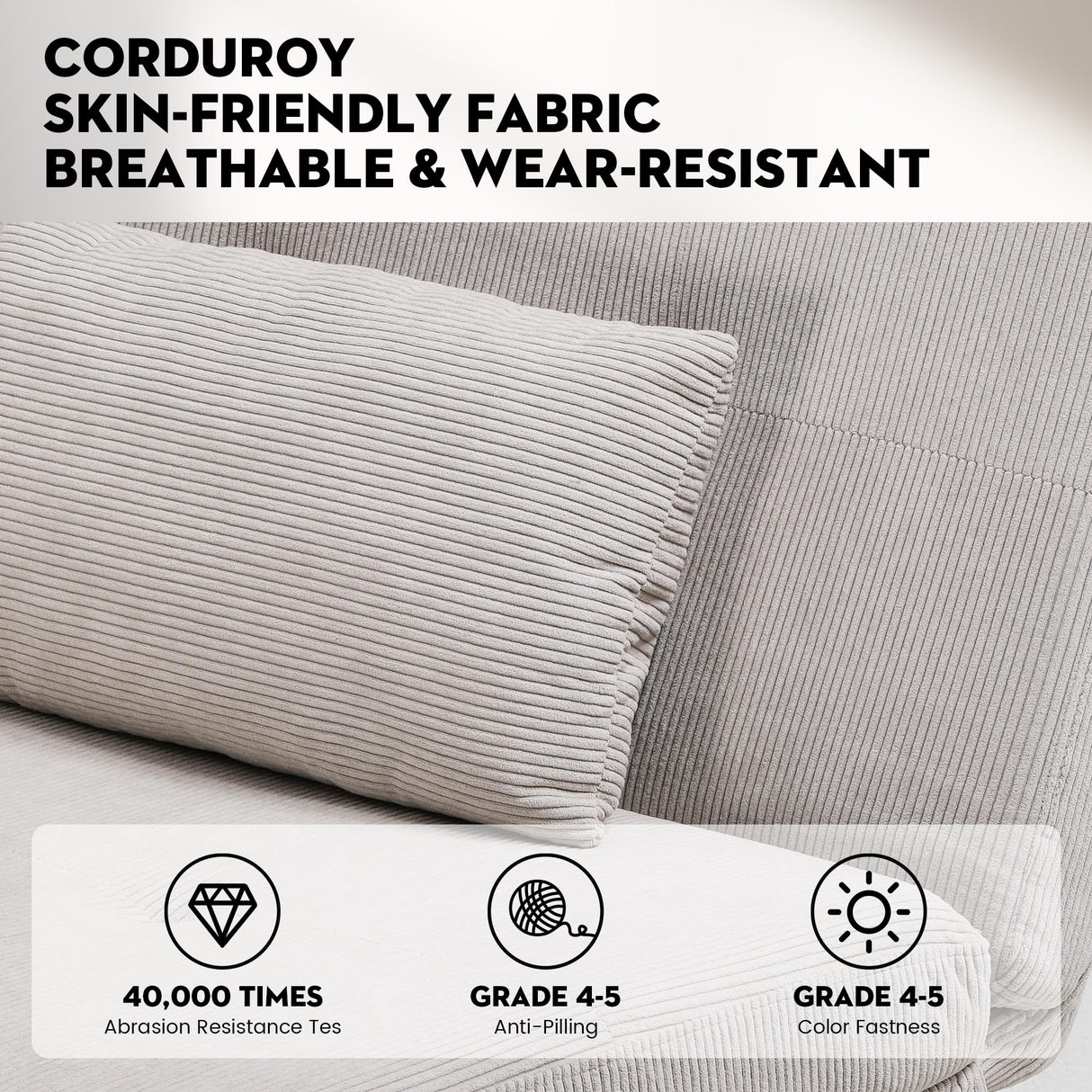 COMHOMA Convertible Futon Sofa Bed, 68" Corduroy Futon Couch with Adjustable Backrest, Folding Futon Loveseat for Living Room, Bedroom (Cream) COMHOMA