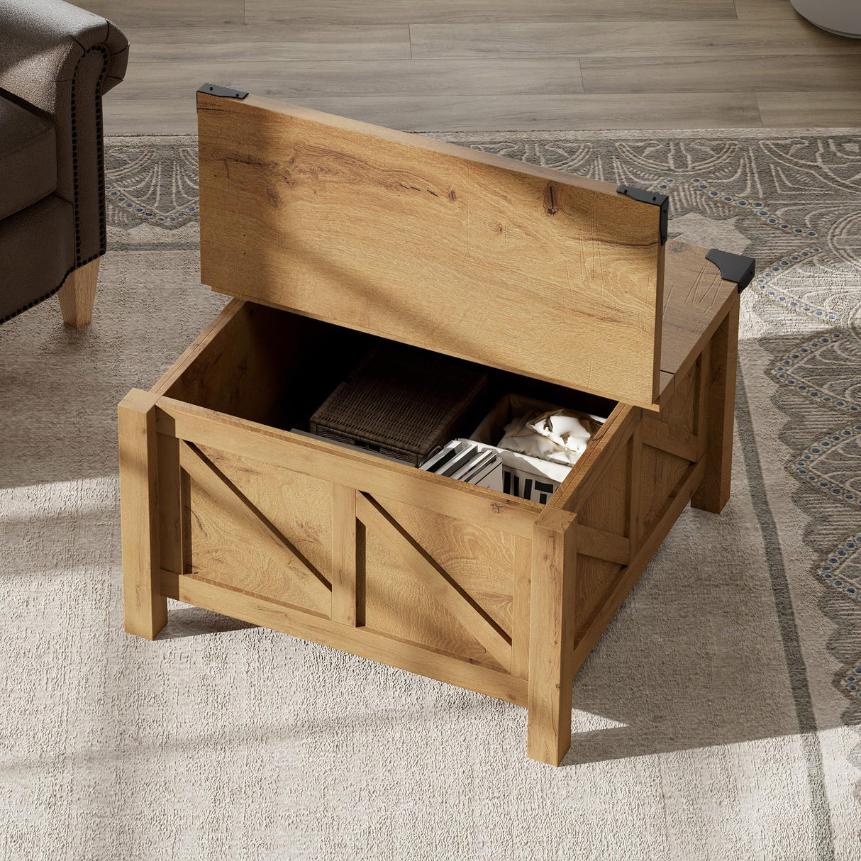 WAMPAT Square Farmhouse Coffee Table with Storage for Living Room, 30x30 inch Wooden Dining Center Table with Gas Spring Flip-Top for Large Hidden Storage, Metal Wrapped Table Corners,Oak WAMPAT