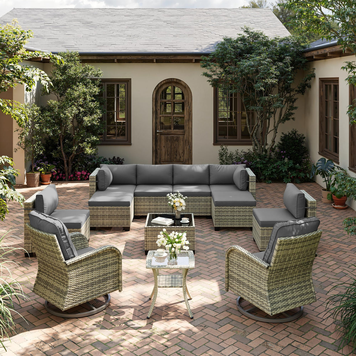 12-Piece Patio Furniture Set, Outdoor Patio Furniture with Swivel Chairs Set, Ottomans, Modular Patio Sofa, Dual-Strand Wicker Rattan, Rust-Resistant Frame, Grey Sweecci